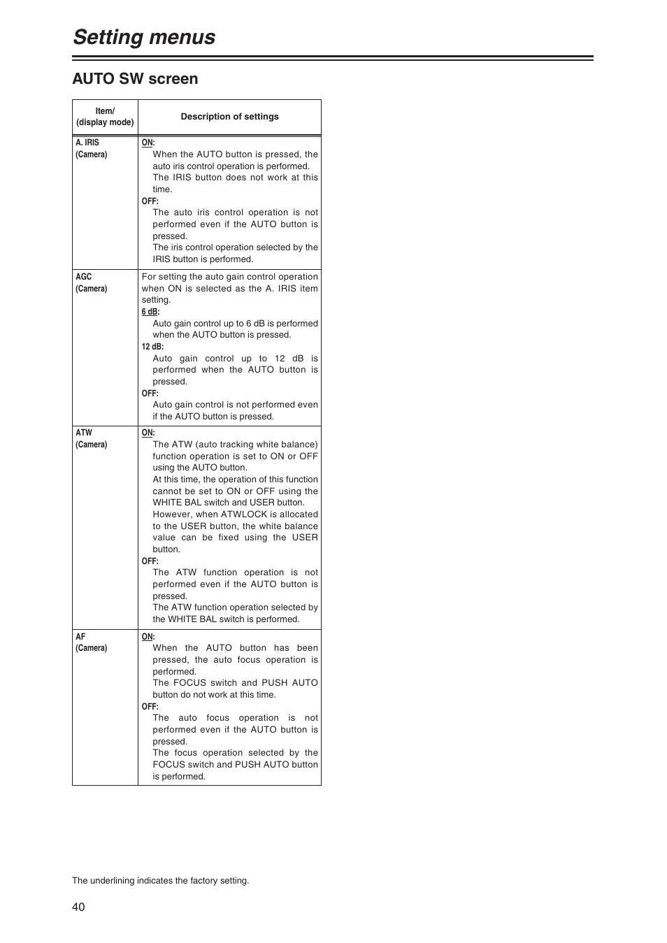 Auto sw screen, Setting menus | Panasonic AG-DVC80 User Manual | Page 40 / 62