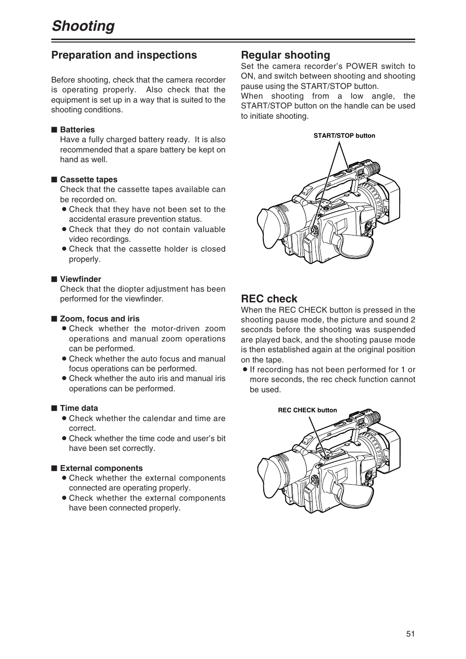 Shooting, Preparation and inspections, Regular shooting | Rec check | Panasonic AG-DVC80 User Manual | Page 51 / 62