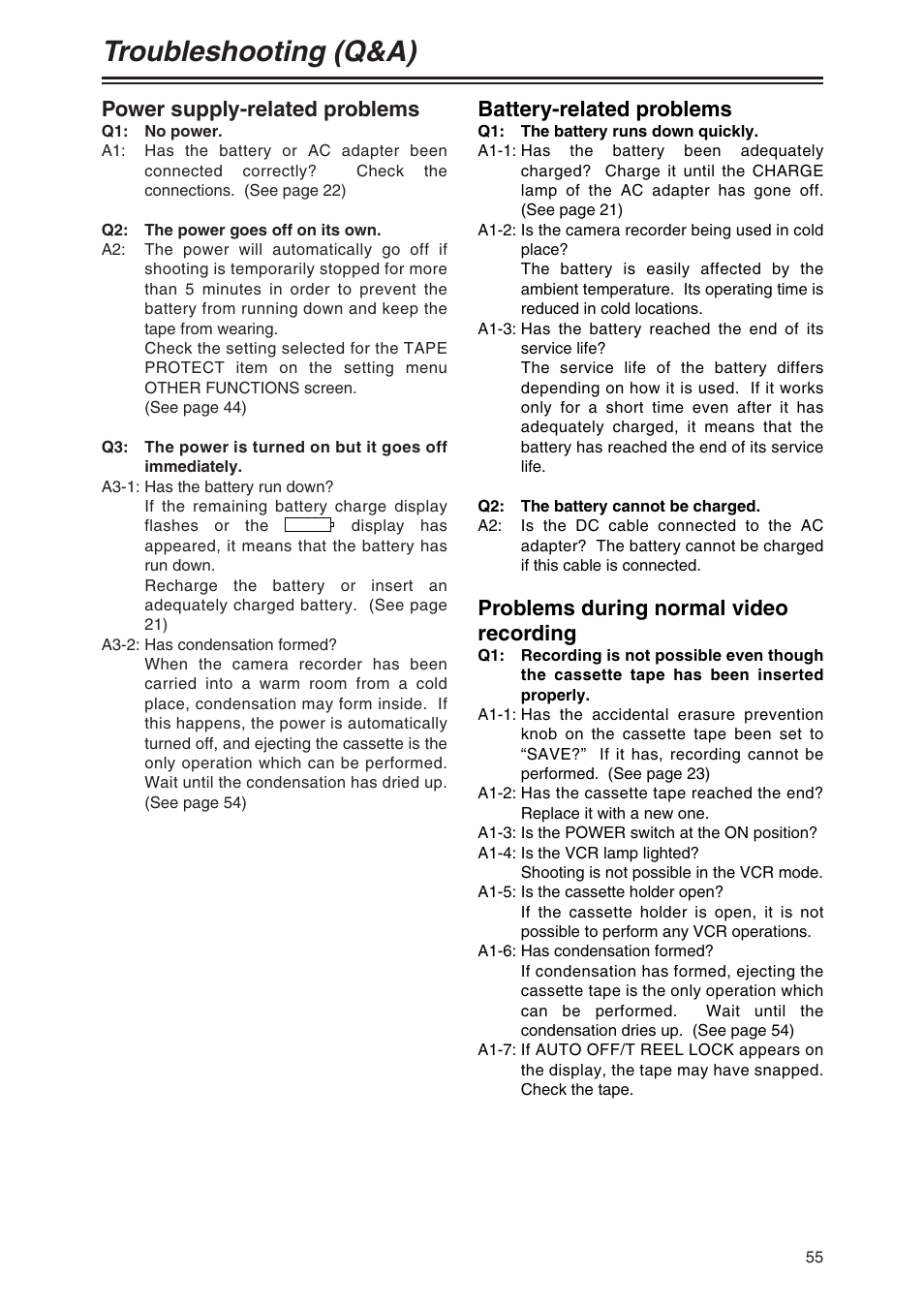 Troubleshooting (q & a), Power supply-related problems, Battery-related problems | Problems during normal video recording, Troubleshooting (q&a) | Panasonic AG-DVC80 User Manual | Page 55 / 62