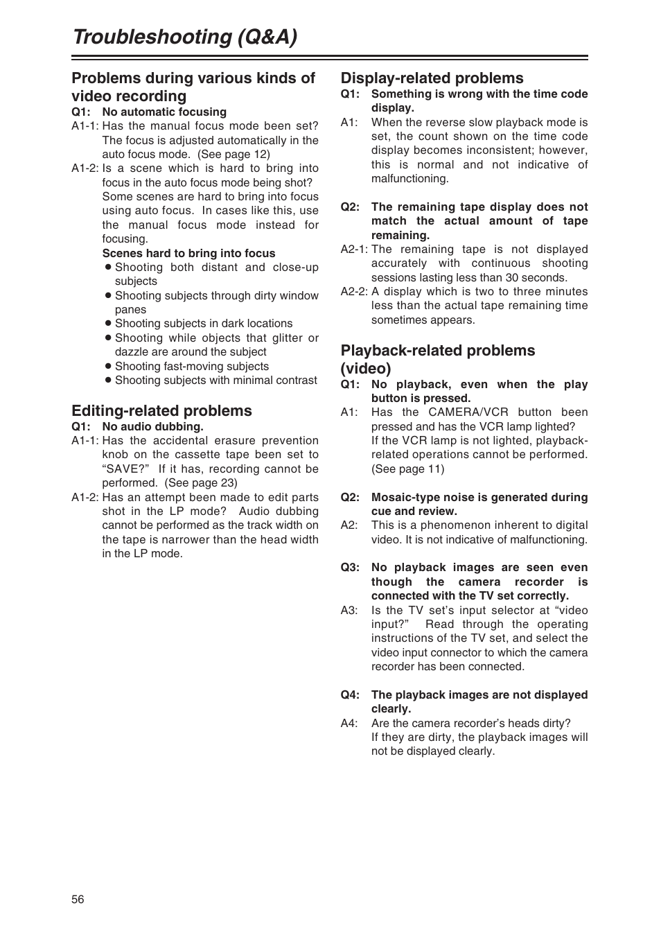 Problems during various kinds of video recording, Editing-related problems, Display-related problems | Playback-related problems (video), Troubleshooting (q&a) | Panasonic AG-DVC80 User Manual | Page 56 / 62