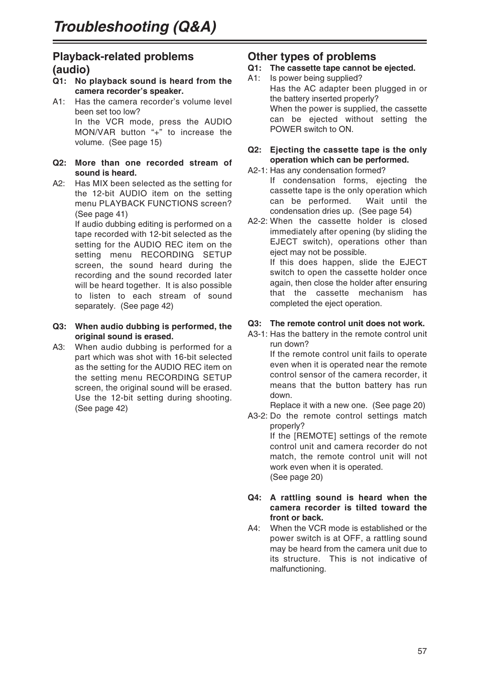 Playback-related problems (audio), Other types of problems, Troubleshooting (q&a) | Panasonic AG-DVC80 User Manual | Page 57 / 62
