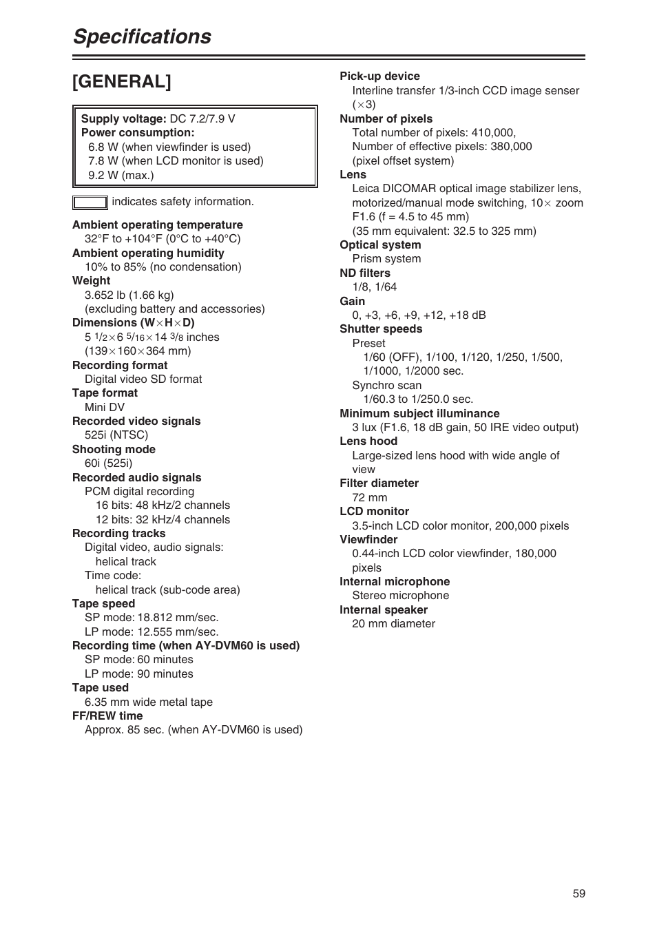 Specifications, General | Panasonic AG-DVC80 User Manual | Page 59 / 62