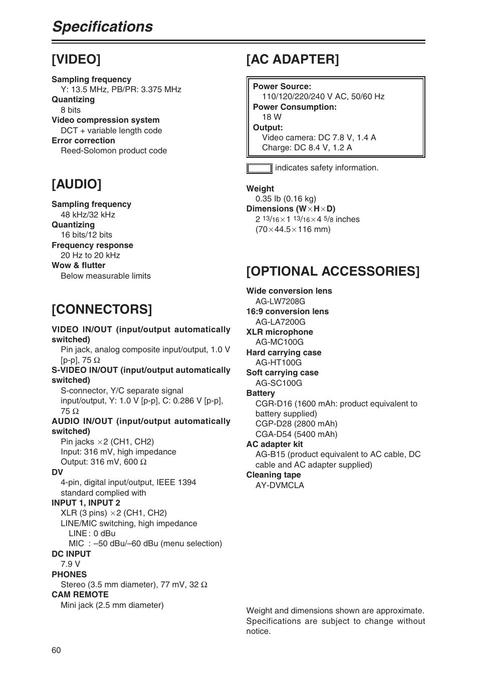 Specifications, Video, Audio | Connectors, Optional accessories, Ac adapter | Panasonic AG-DVC80 User Manual | Page 60 / 62