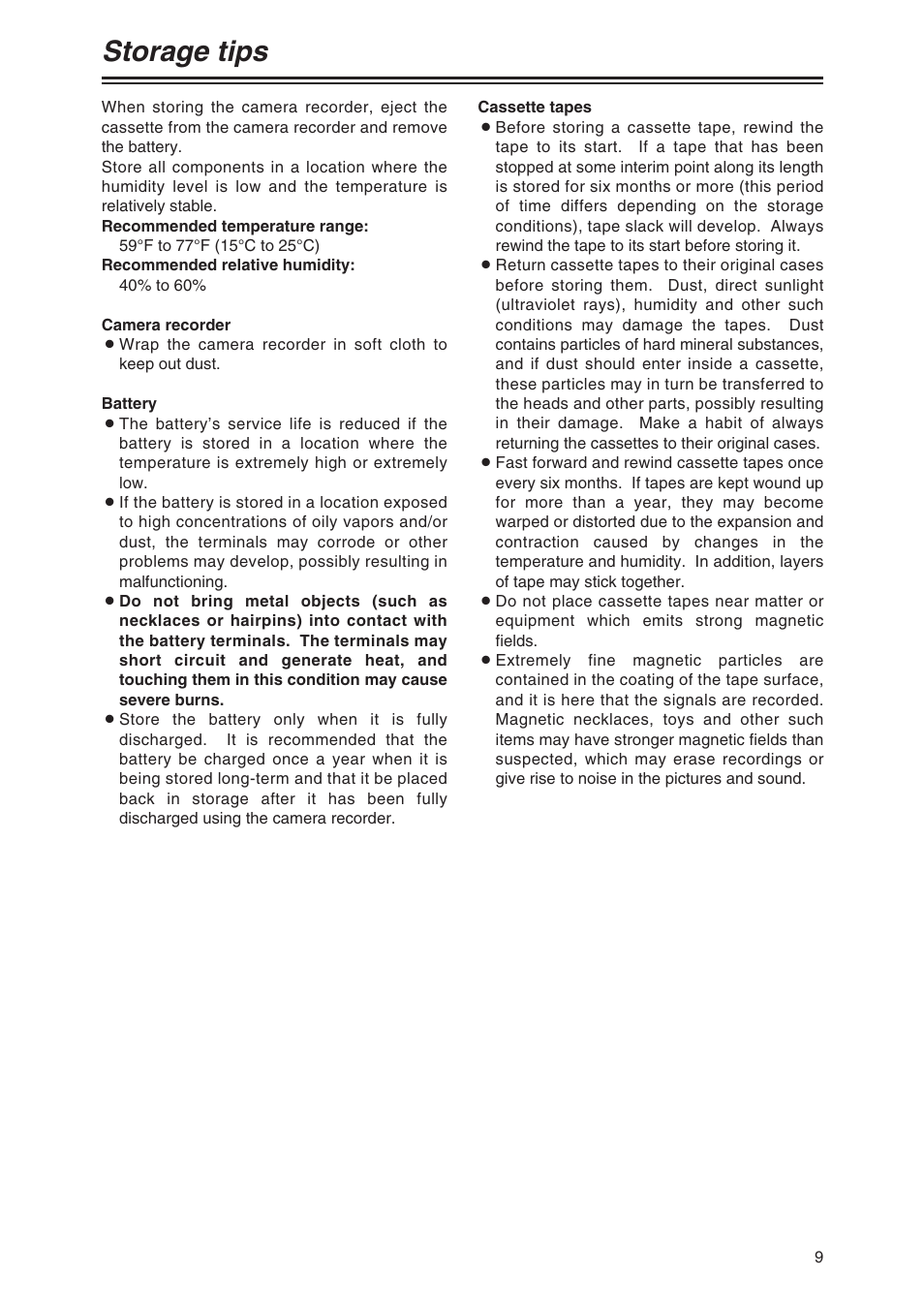 Storage tips | Panasonic AG-DVC80 User Manual | Page 9 / 62