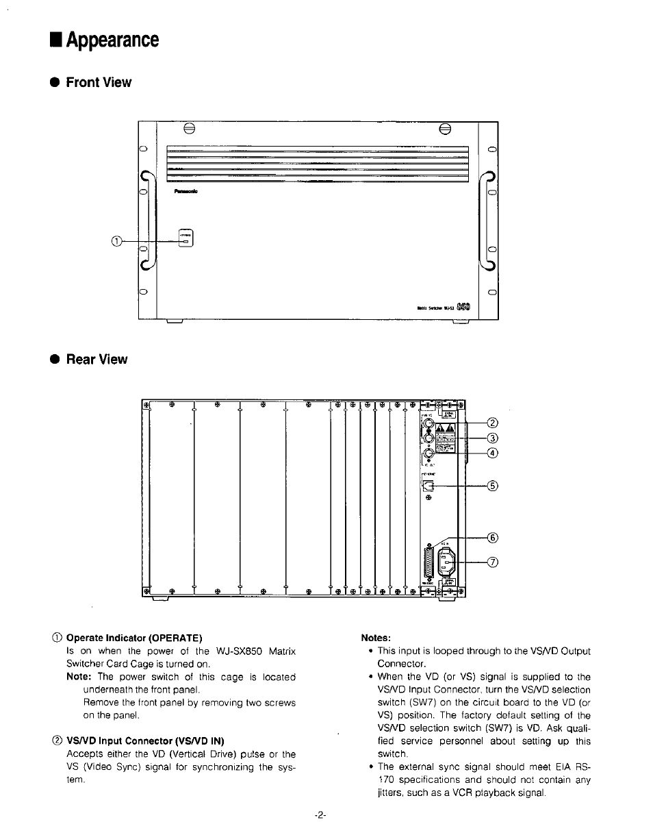 J) operate indicator (operate), Cd vs/vd input connector (vsa^d in), Notes | Appearance, Front view rear view | Panasonic WJ-SX850 User Manual | Page 2 / 8