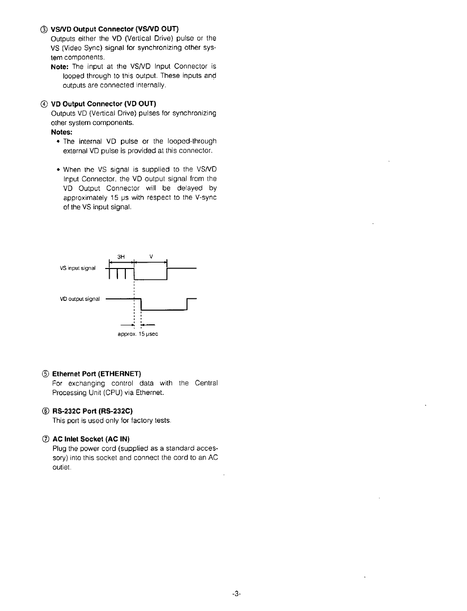 3) vs/vd output connector (vs/vd out), 4) vd output connector (vd out), D ethernet port (ethernet) | Rs-232c port (rs-232c), Z) ac inlet socket (ac in) | Panasonic WJ-SX850 User Manual | Page 3 / 8
