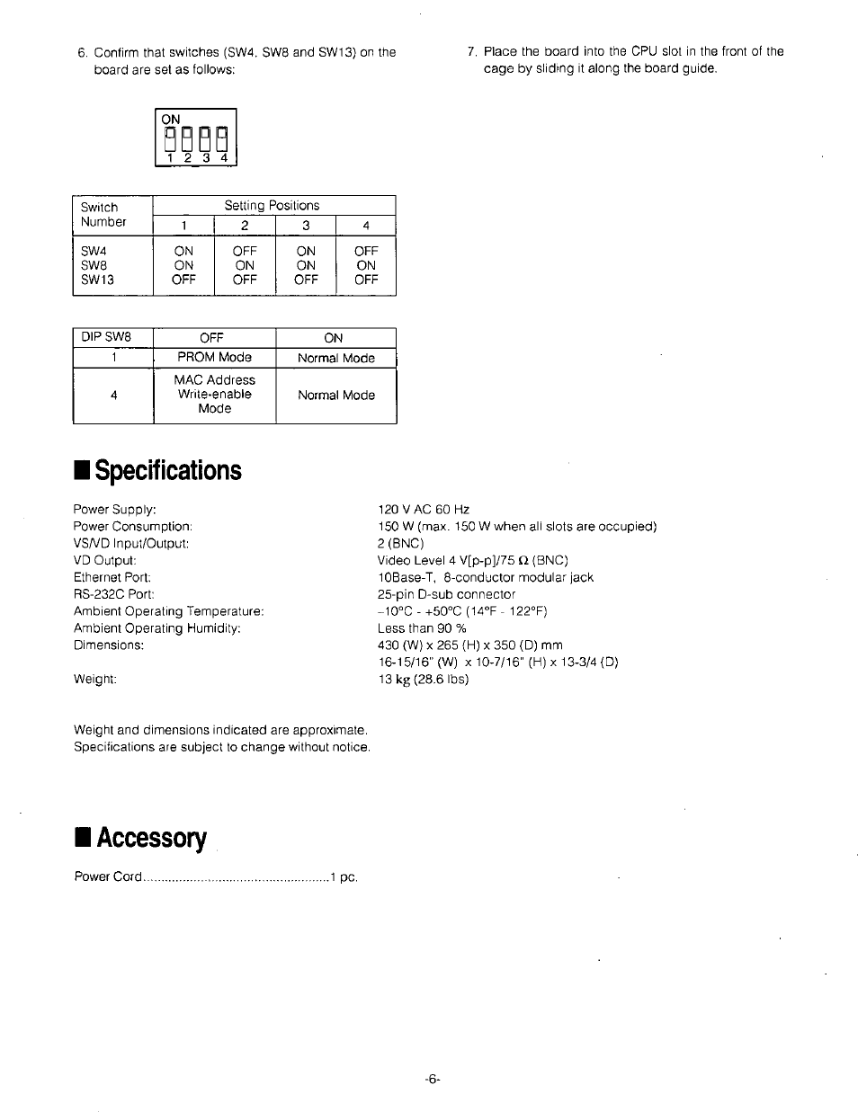 Specifications, Accessory | Panasonic WJ-SX850 User Manual | Page 6 / 8