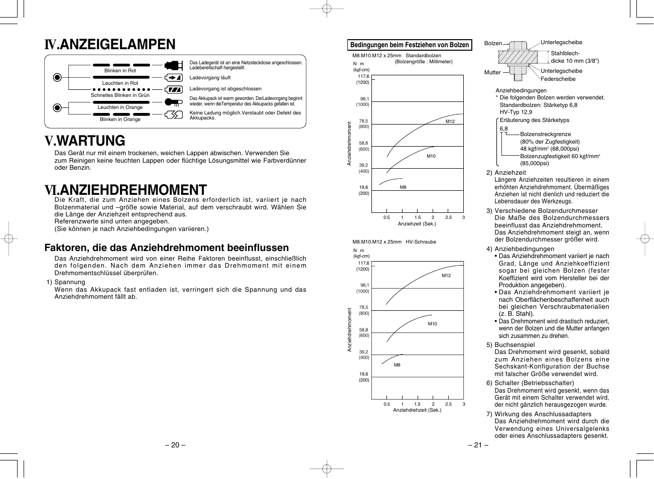 Iv .anzeigelampen v .wartung vi .anziehdrehmoment, Faktoren, die das anziehdrehmoment beeinflussen | Panasonic EY7201 User Manual | Page 11 / 52