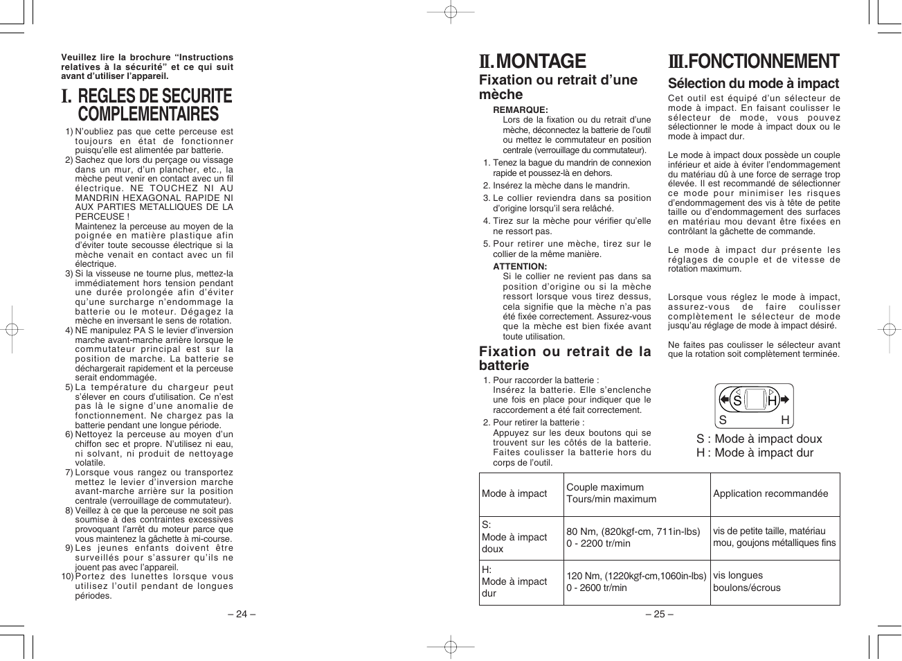 I. regles de securite complementaires, Iii .fonctionnement, Ii .montage | Panasonic EY7201 User Manual | Page 13 / 52