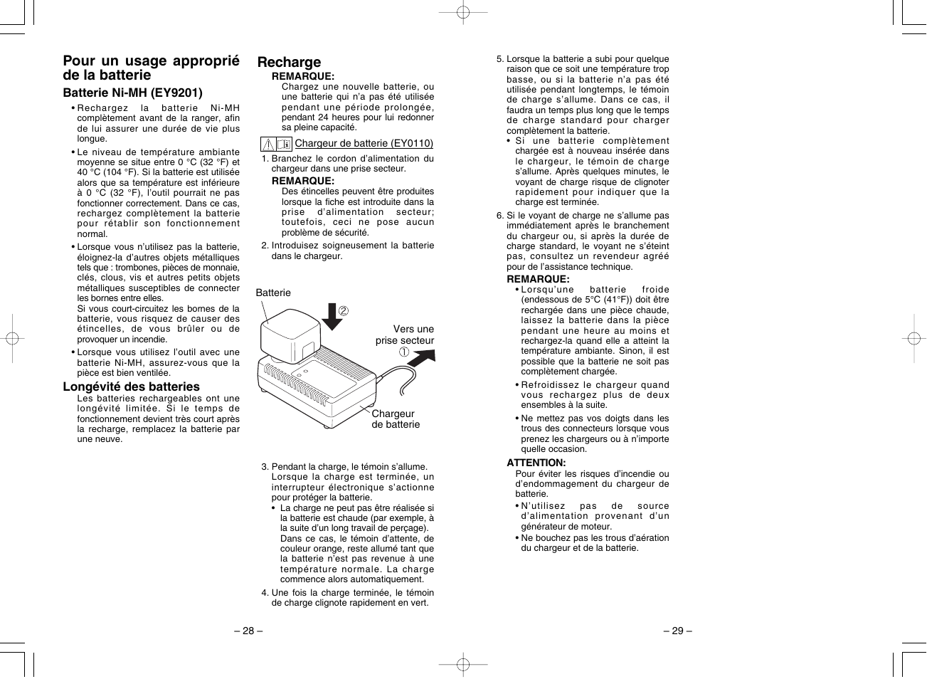 Pour un usage approprié de la batterie, Recharge | Panasonic EY7201 User Manual | Page 15 / 52