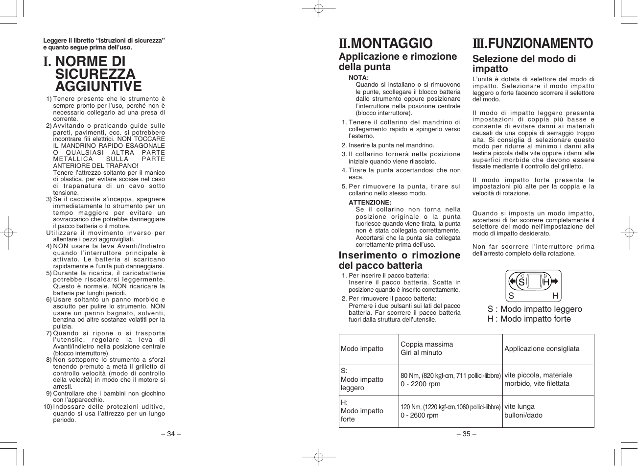 I. norme di sicurezza aggiuntive, Iii .funzionamento, Ii .montaggio | Panasonic EY7201 User Manual | Page 18 / 52