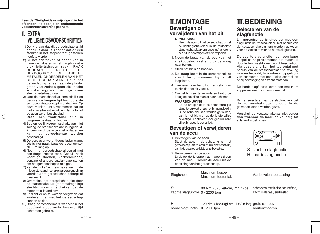 I. extra veiligheidsvoorschriften, Iii .bediening, Ii .montage | Panasonic EY7201 User Manual | Page 23 / 52