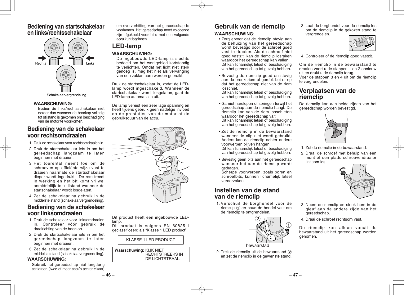 Verplaatsen van de riemclip, Bediening van de schakelaar voor linksomdraaien | Panasonic EY7201 User Manual | Page 24 / 52