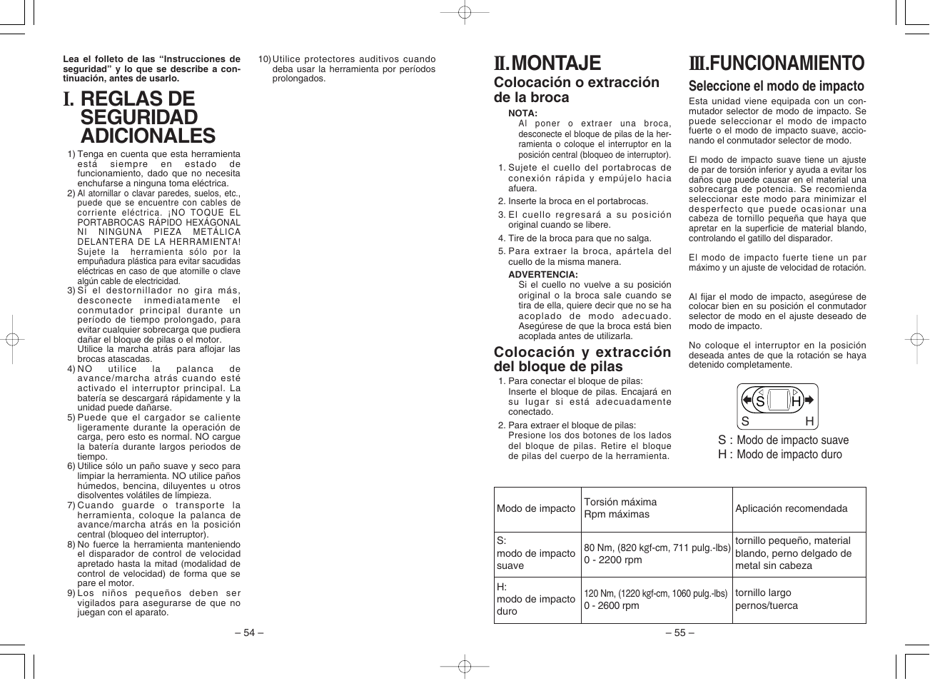 I. reglas de seguridad adicionales, Iii .funcionamiento, Ii .montaje | Panasonic EY7201 User Manual | Page 28 / 52