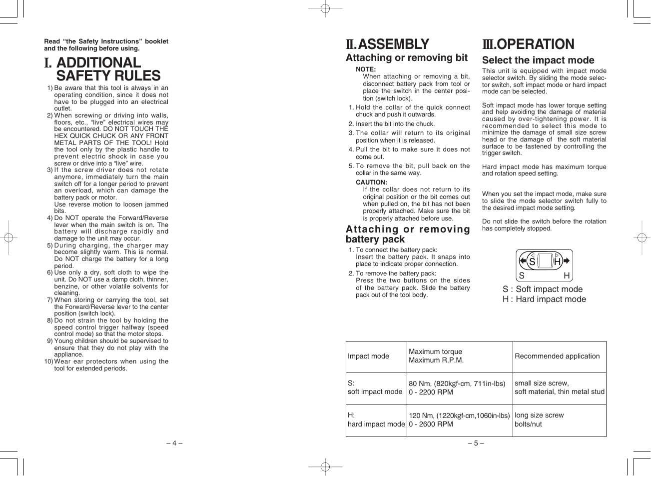 I. additional safety rules, Iii .operation, Ii .assembly | Panasonic EY7201 User Manual | Page 3 / 52