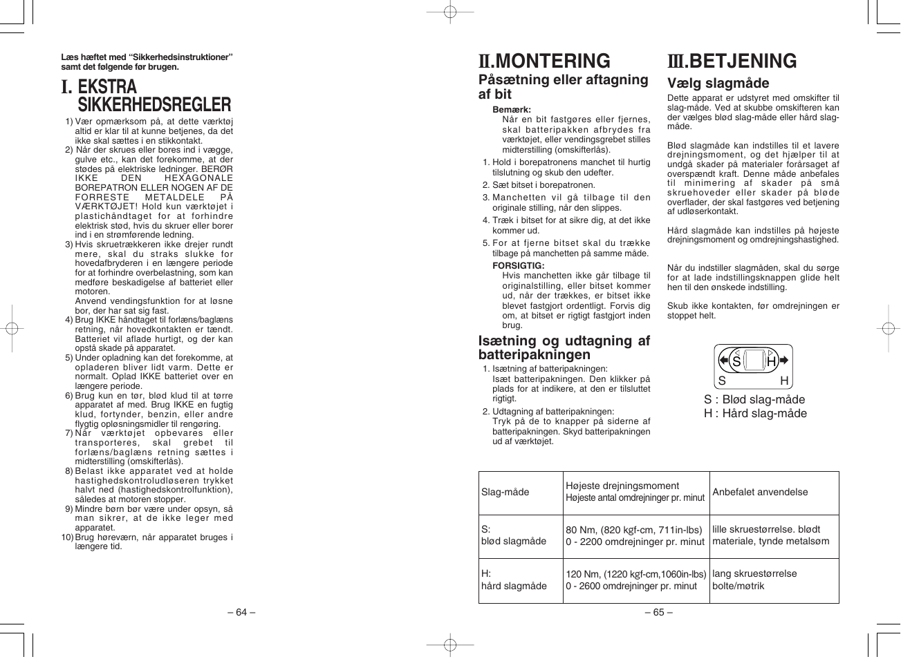 I. ekstra sikkerhedsregler, Iii .betjening, Ii .montering | Panasonic EY7201 User Manual | Page 33 / 52