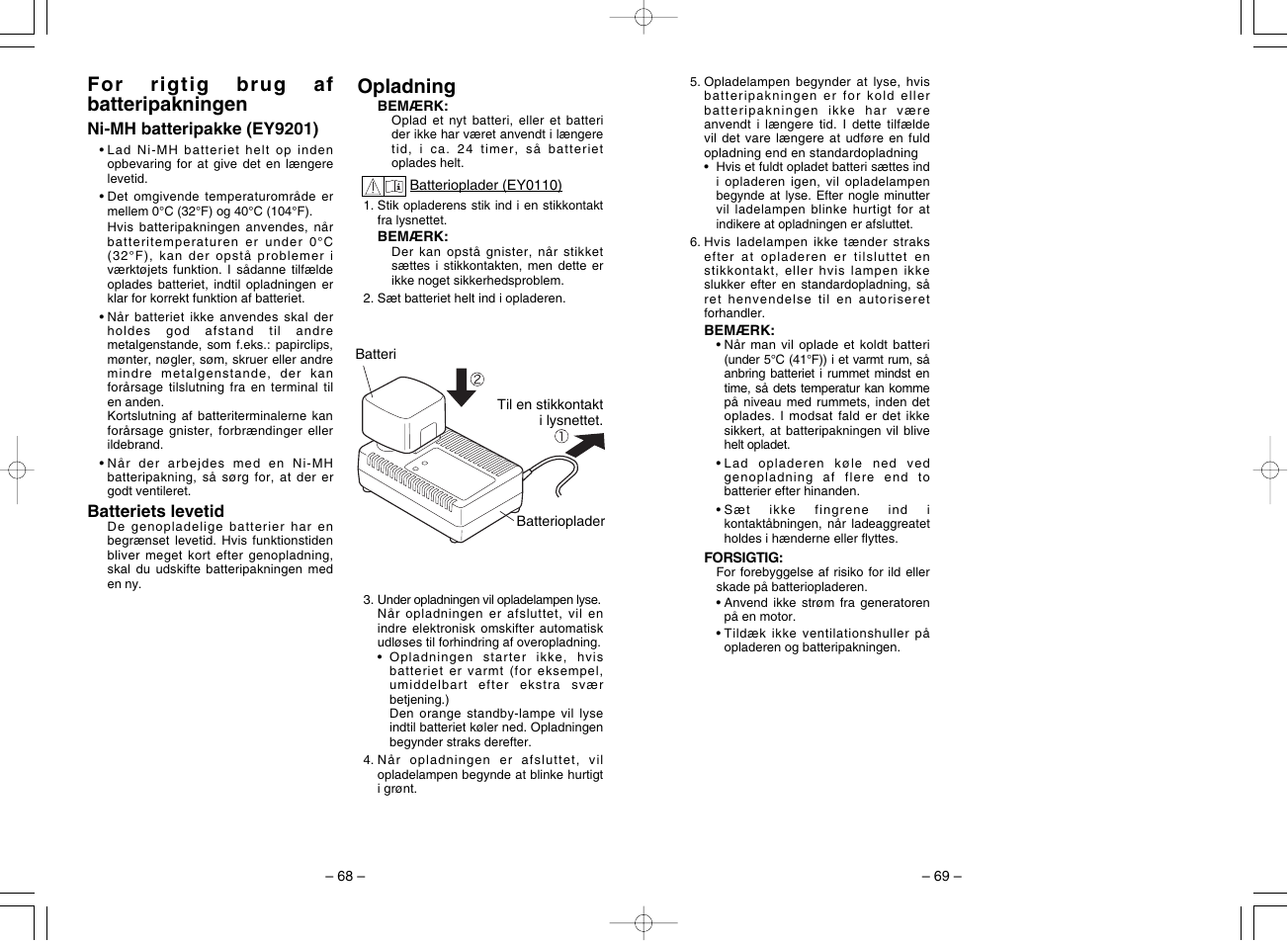 For rigtig brug af batteripakningen, Opladning | Panasonic EY7201 User Manual | Page 35 / 52