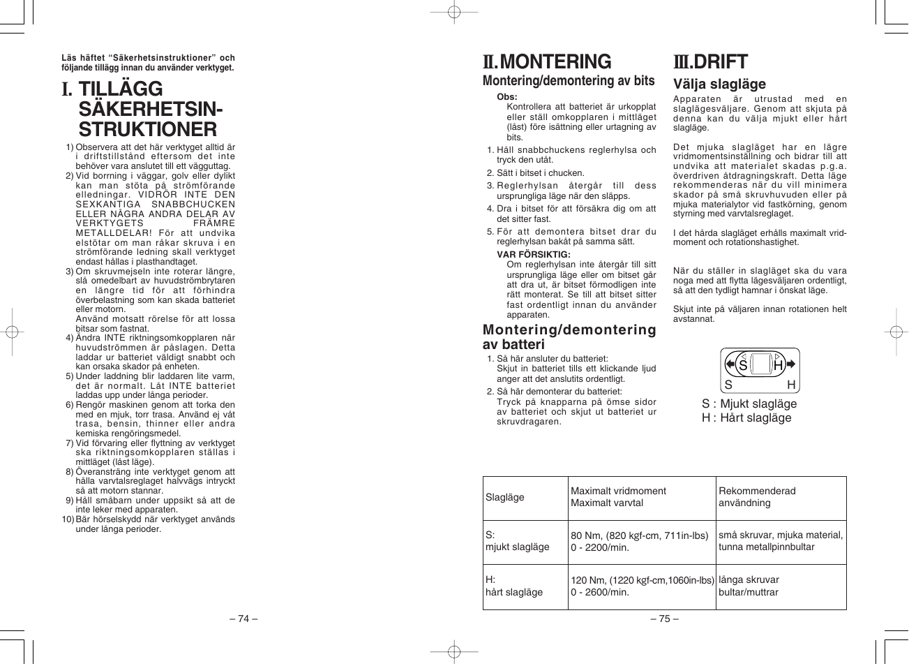 I. tillägg säkerhetsin- struktioner, Iii .drift, Ii .montering | Panasonic EY7201 User Manual | Page 38 / 52