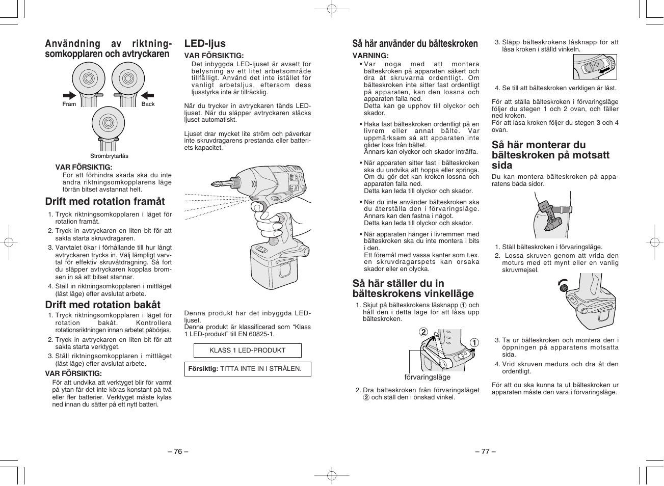 Så här monterar du bälteskroken på motsatt sida, Drift med rotation bakåt | Panasonic EY7201 User Manual | Page 39 / 52