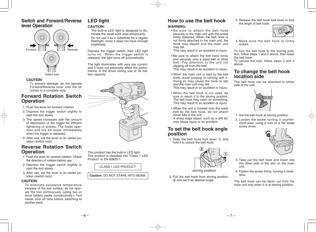 Led light how to use the belt hook, Reverse rotation switch operation | Panasonic EY7201 User Manual | Page 4 / 52