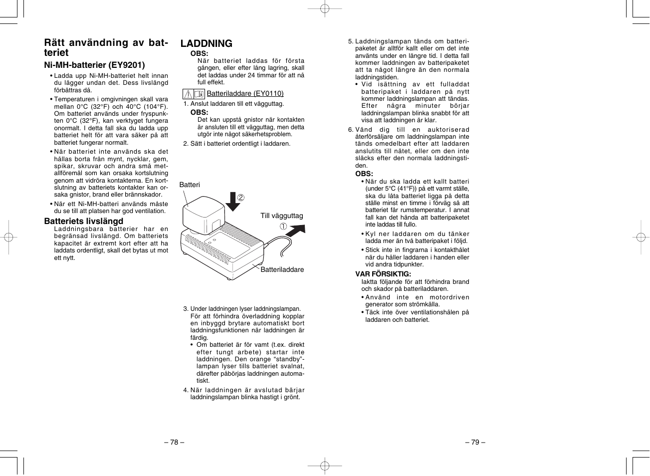 Rätt användning av bat- teriet, Laddning | Panasonic EY7201 User Manual | Page 40 / 52