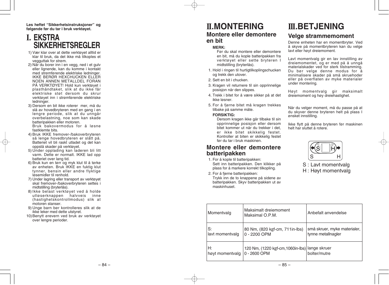 I. ekstra sikkerhetsregler, Iii .betjening, Ii .montering | Panasonic EY7201 User Manual | Page 43 / 52