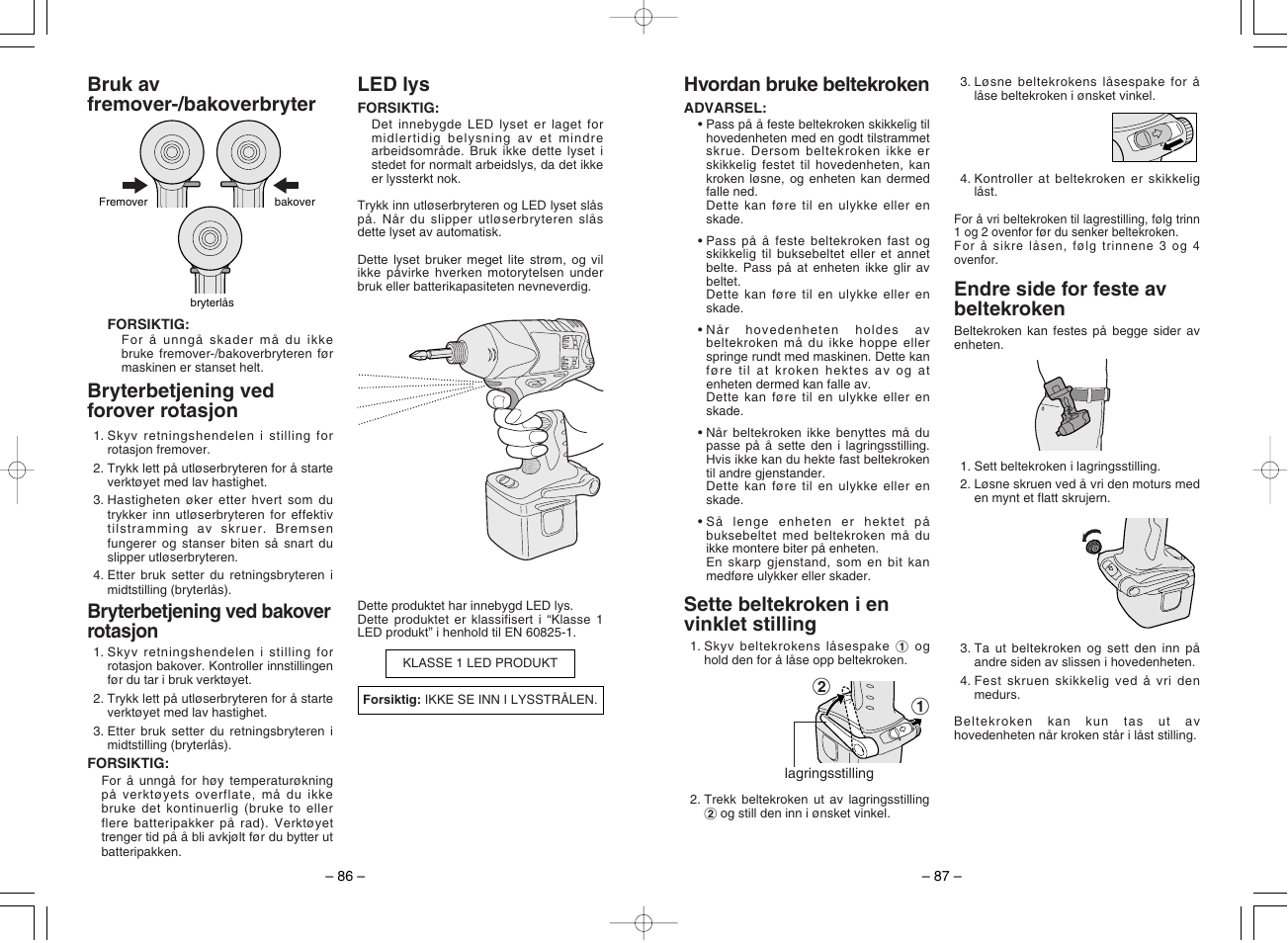 Endre side for feste av beltekroken, Bryterbetjening ved bakover rotasjon | Panasonic EY7201 User Manual | Page 44 / 52