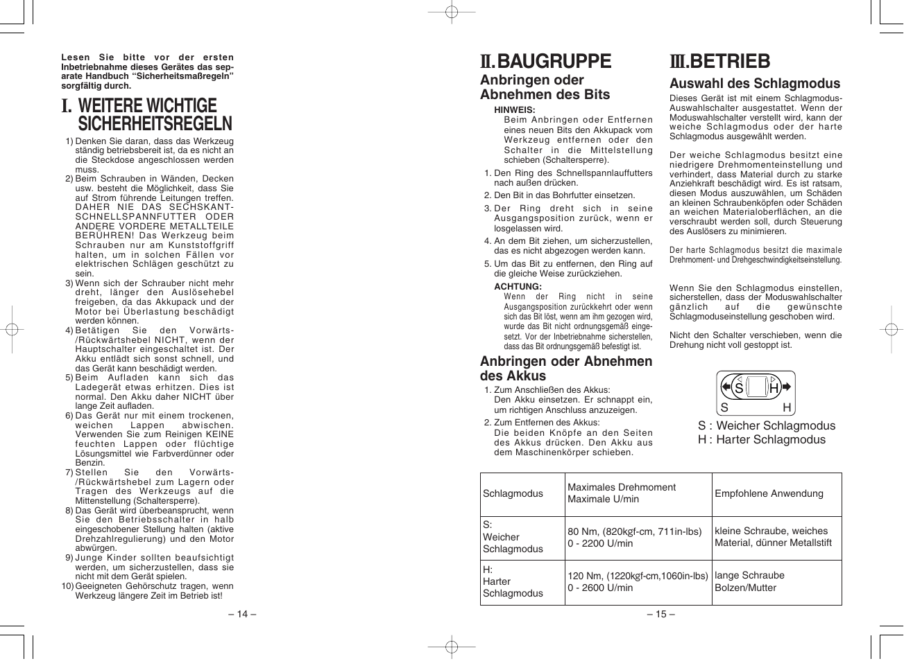 I. weitere wichtige sicherheitsregeln, Iii .betrieb, Ii .baugruppe | Panasonic EY7201 User Manual | Page 8 / 52