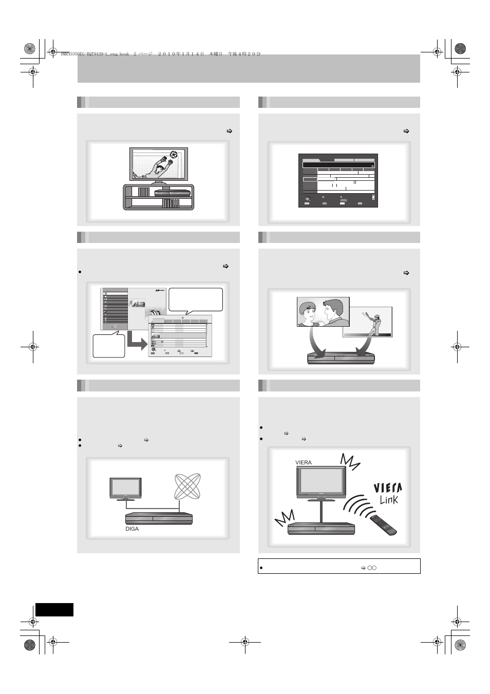 Characteristics of this unit, Record with high definition epg, Network connection viera link “hdavi control | Function menu display, Enjoying viera cast, 74) ≥dlna feature (> 75), Diga internet dlna compatible equipment viera diga | Panasonic DMR-XS350 User Manual | Page 2 / 120