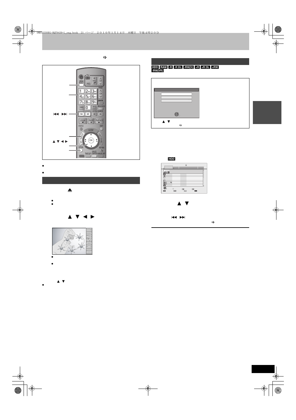 Playing dvd-video/playing recorded video contents, Press [drive select] to select the hdd or dvd, Drive | Press [direct navigator, Press [ 3 , 4 ] to select the title and press [ok, Playing dvd-video, Playing recorded video contents | Panasonic DMR-XS350 User Manual | Page 21 / 120