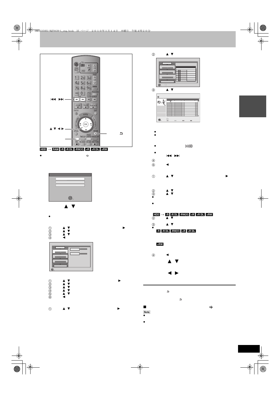 Copying titles, Insert a disc, Press [ 3 , 4 ] to select “copy” and press [ok | Set the copy direction, Set the recording mode, Register titles for copy, Set other settings, Copying list icons and functions ( > 53) | Panasonic DMR-XS350 User Manual | Page 25 / 120