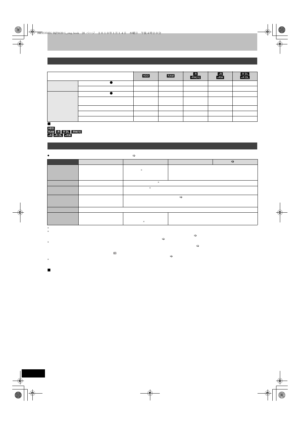 Recording, Advanced recording, Recording method and disc | Recording modes and recording contents | Panasonic DMR-XS350 User Manual | Page 28 / 120