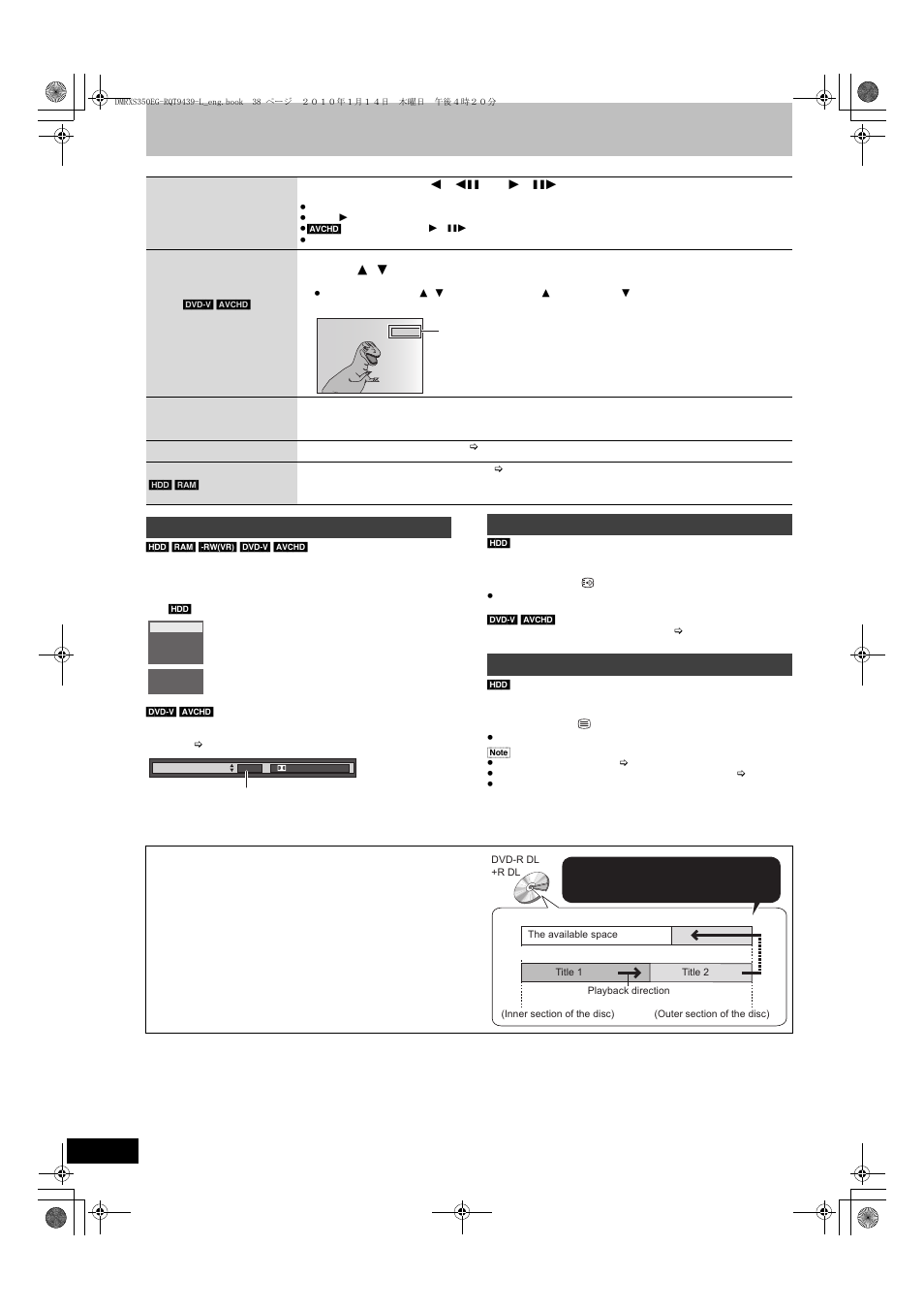 Press [audio, Press [sttl, Press [text | Frame-by-frame, Skipping the specified time (time slip), Manual skip, Aspect, Create chapter, Changing audio during play | Panasonic DMR-XS350 User Manual | Page 38 / 120