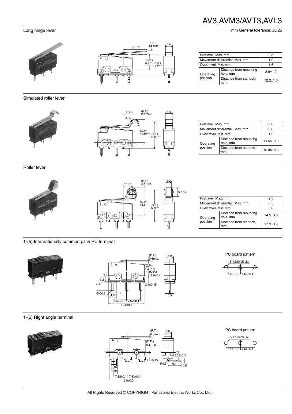 Av3,avm3/avt3,avl3, Long hinge lever, Simulated roller lever | Roller lever, (5) internationally common pitch pc terminal, (6) right angle terminal | Panasonic AV(FS-FS-T) User Manual | Page 10 / 13