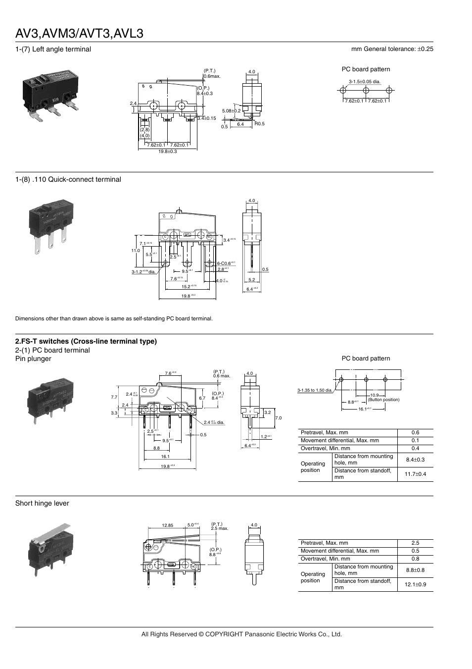 Av3,avm3/avt3,avl3, (7) left angle terminal, (8) .110 quick-connect terminal | Short hinge lever, Pc board pattern, Mm general tolerance: ±0.25 | Panasonic AV(FS-FS-T) User Manual | Page 11 / 13