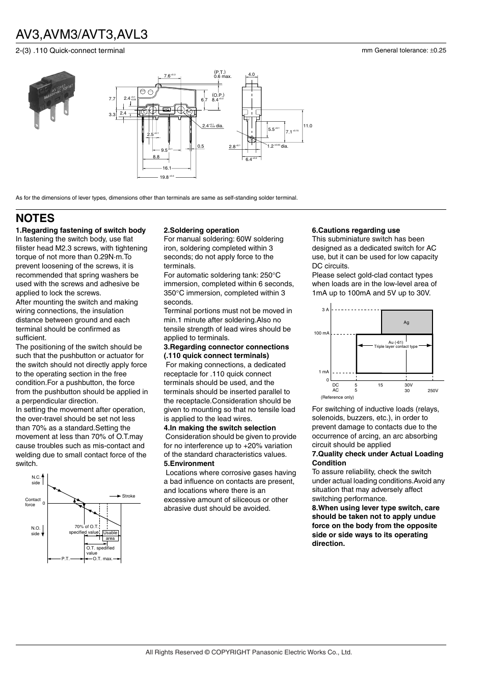 Av3,avm3/avt3,avl3, (3) .110 quick-connect terminal | Panasonic AV(FS-FS-T) User Manual | Page 13 / 13