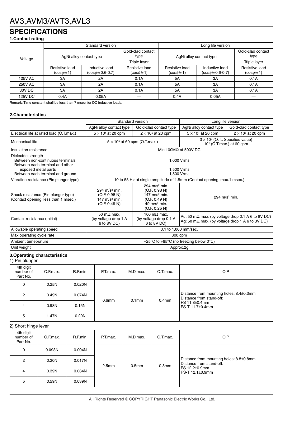 Av3,avm3/avt3,avl3, Specifications | Panasonic AV(FS-FS-T) User Manual | Page 7 / 13