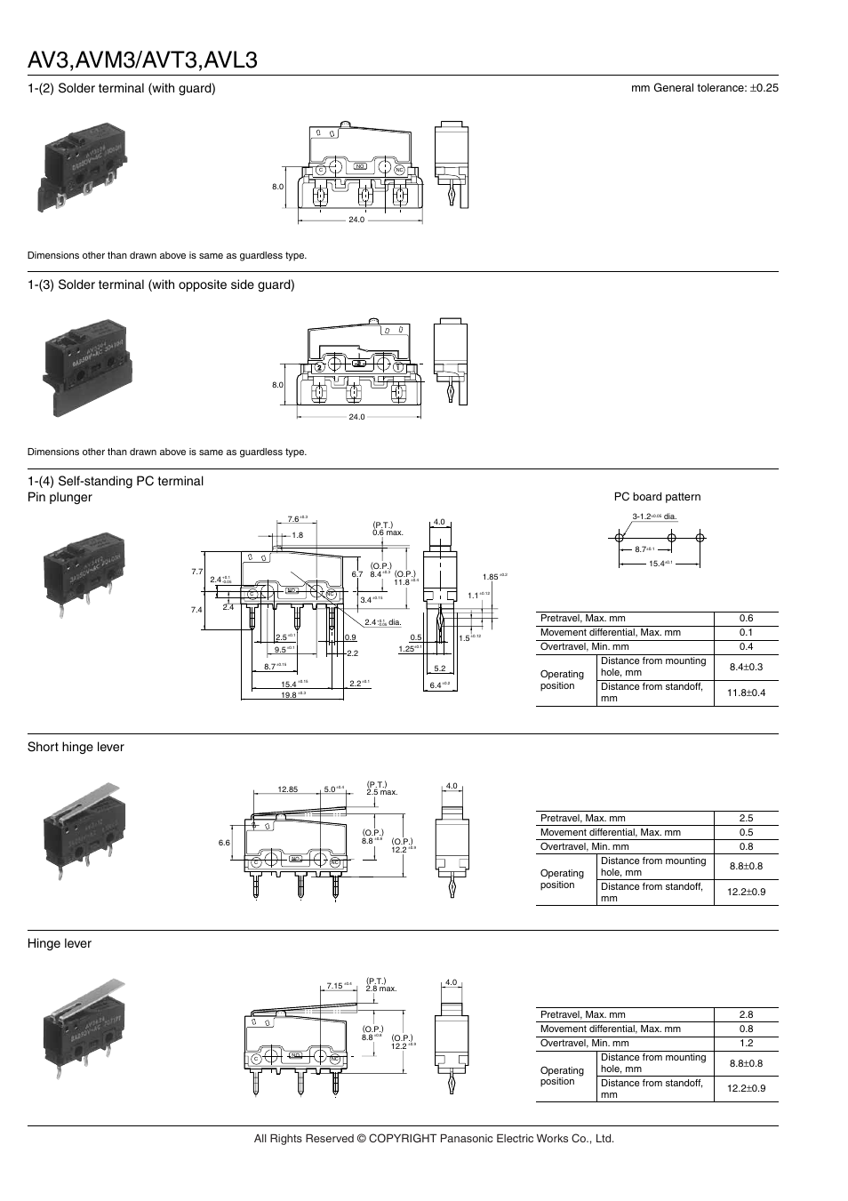 Av3,avm3/avt3,avl3, (2) solder terminal (with guard), (3) solder terminal (with opposite side guard) | (4) self-standing pc terminal pin plunger, Short hinge lever, Hinge lever | Panasonic AV(FS-FS-T) User Manual | Page 9 / 13