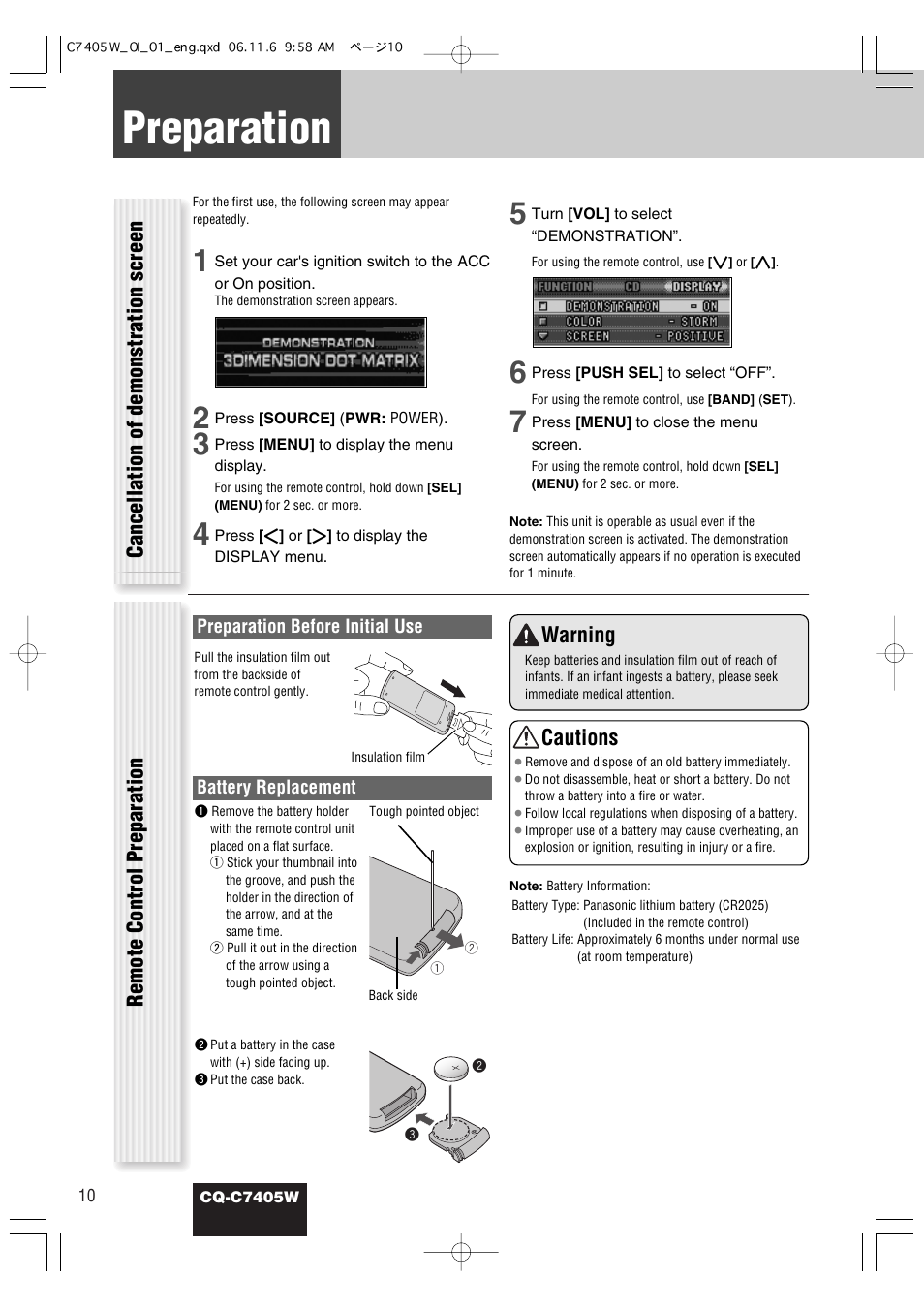 Preparation, Warning, Cautions | Panasonic CQ-C7405W User Manual | Page 10 / 62