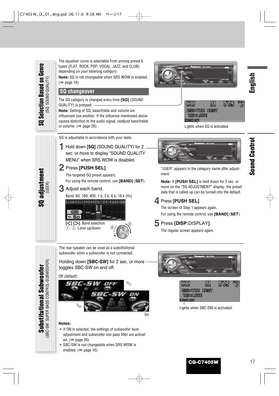 English, Sound control, Sq selection based on genre | Sq adjustment, Substitutional subwoofer, Sq changeover, Cq-c7405w, Press [push sel, Adjust each band, Press [disp: display | Panasonic CQ-C7405W User Manual | Page 17 / 62