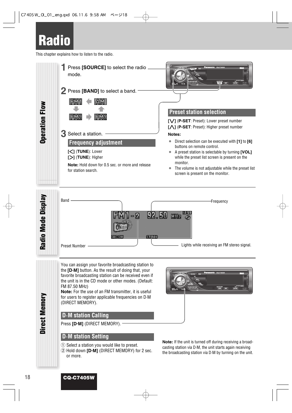 Radio, Operation flow, Radio mode display | Frequency adjustment, Preset station selection, D·m station calling, D·m station setting, Cq-c7405w, Press [source] to select the radio mode, Press [band] to select a band | Panasonic CQ-C7405W User Manual | Page 18 / 62