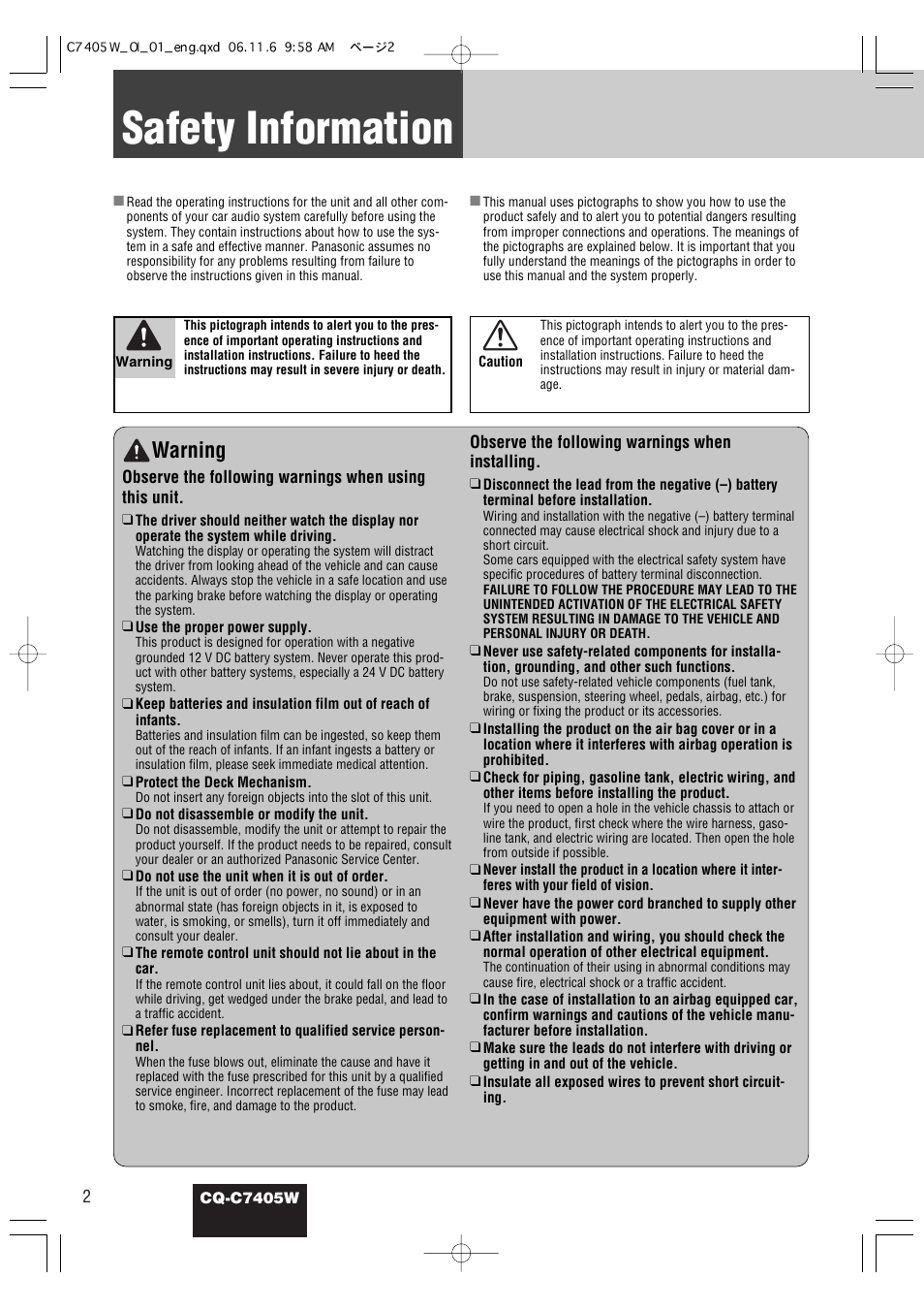 Safety information, Warning | Panasonic CQ-C7405W User Manual | Page 2 / 62