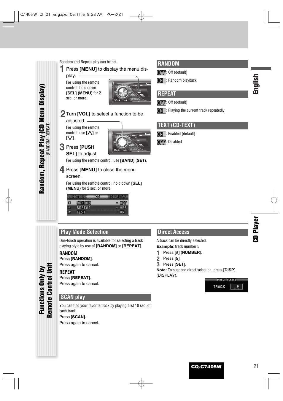 English, Cd player, Random | Repeat, Text (cd-text), Play mode selection, Scan play, Direct access, Cq-c7405w, Press [menu] to display the menu dis- play | Panasonic CQ-C7405W User Manual | Page 21 / 62