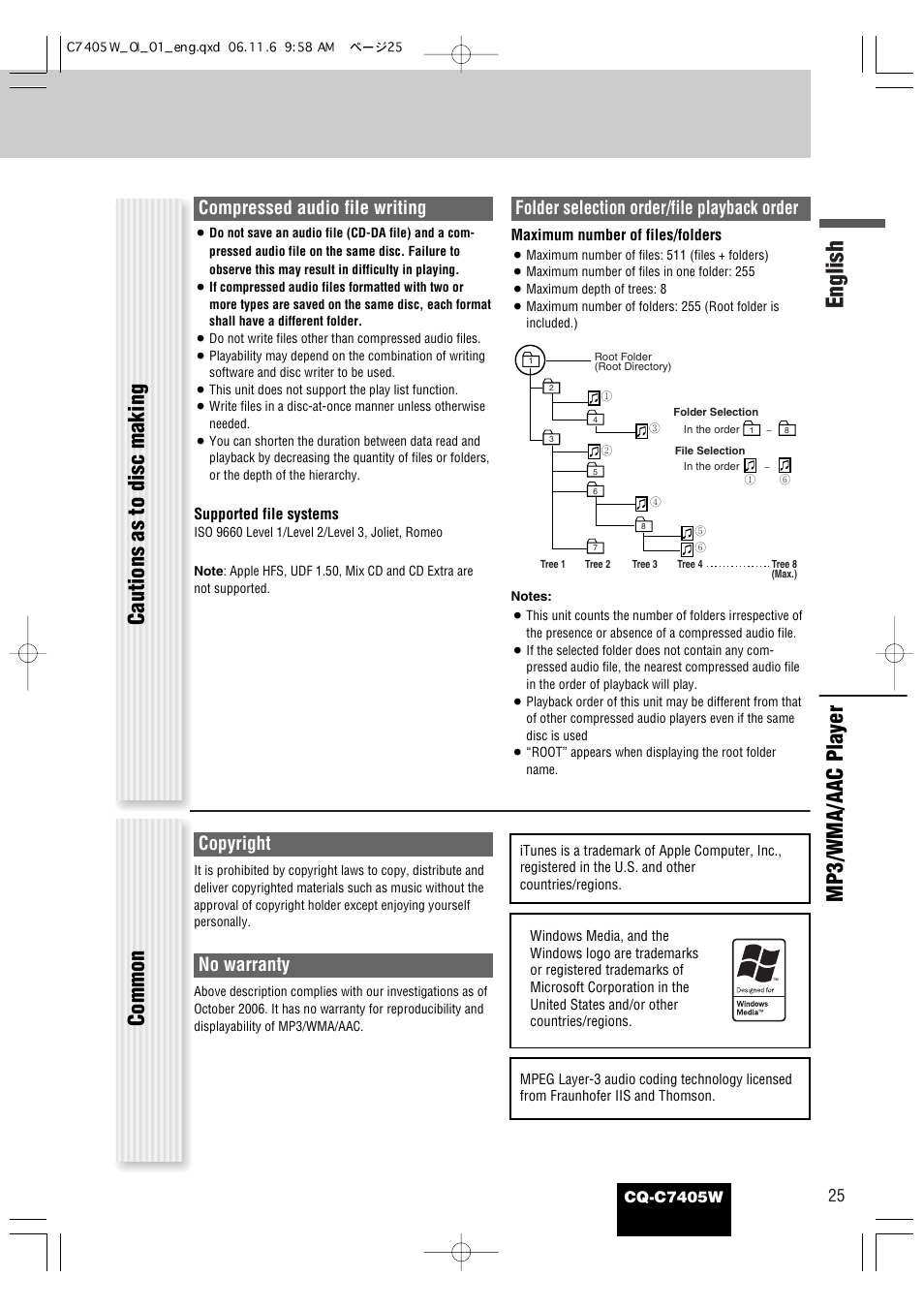 English, Mp3/wma/aac player cautions as to disc making, Common | Compressed audio file writing, Folder selection order/file playback order, Copyright, No warranty | Panasonic CQ-C7405W User Manual | Page 25 / 62