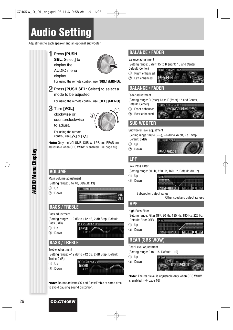 Audio setting, Audio menu display | Panasonic CQ-C7405W User Manual | Page 26 / 62