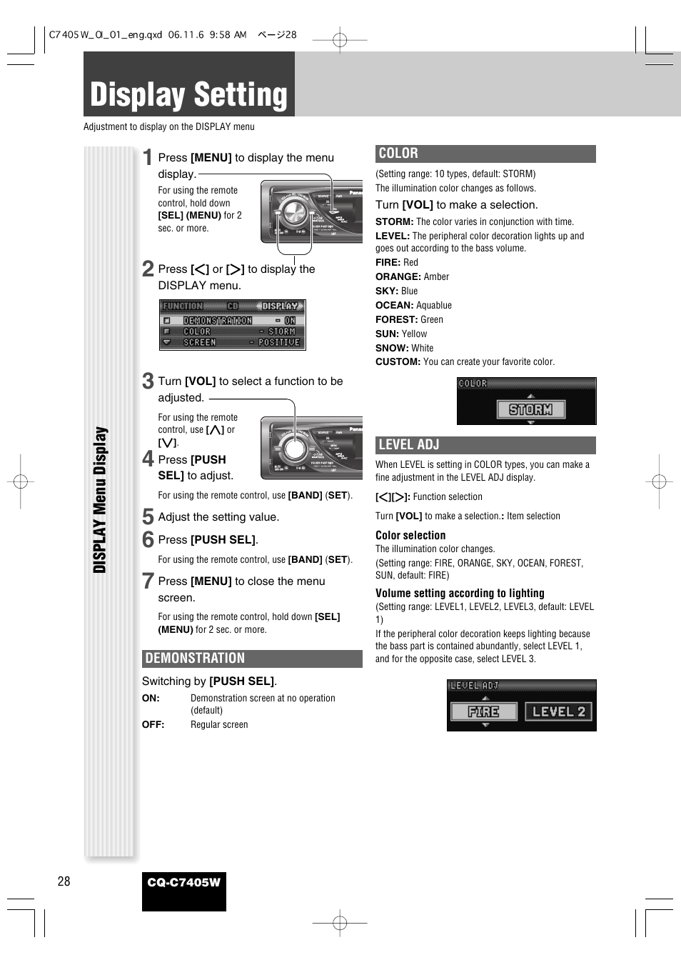Display setting, Displa y menu display, Color | Demonstration, Level adj, Cq-c7405w, Press [menu] to display the menu display, Press [ ] ] or [ [ ] to display the display menu, Turn [vol] to select a function to be adjusted, Press [push sel] to adjust | Panasonic CQ-C7405W User Manual | Page 28 / 62
