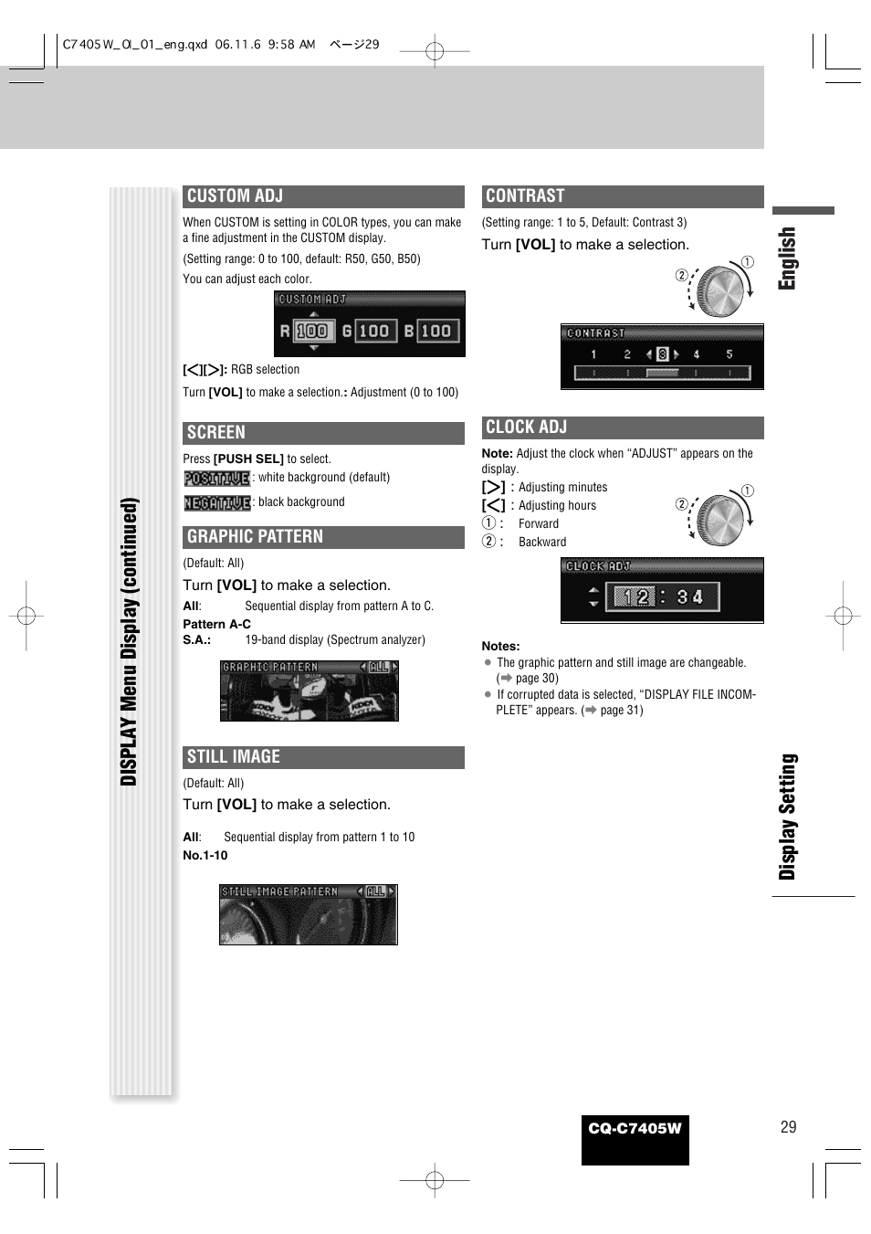 English, Display setting displa y menu display (continued), Graphic pattern | Custom adj, Screen, Still image, Contrast, Clock adj | Panasonic CQ-C7405W User Manual | Page 29 / 62