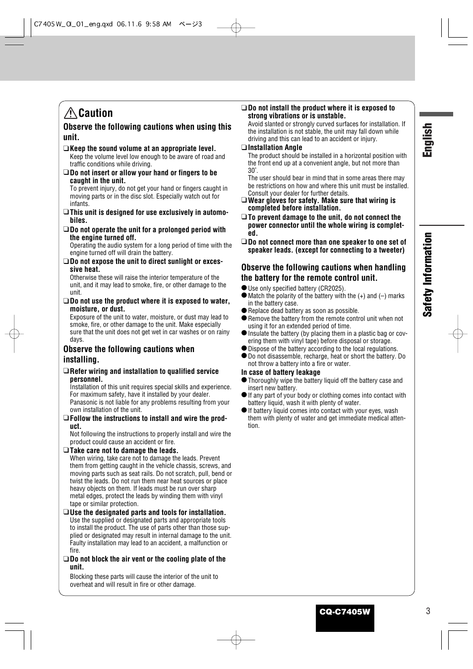 English, Caution, Safety information | Panasonic CQ-C7405W User Manual | Page 3 / 62