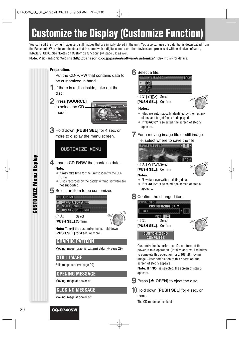 Customize the display (customize function), Customize menu display, Graphic pattern | Still image, Opening message, Closing message | Panasonic CQ-C7405W User Manual | Page 30 / 62