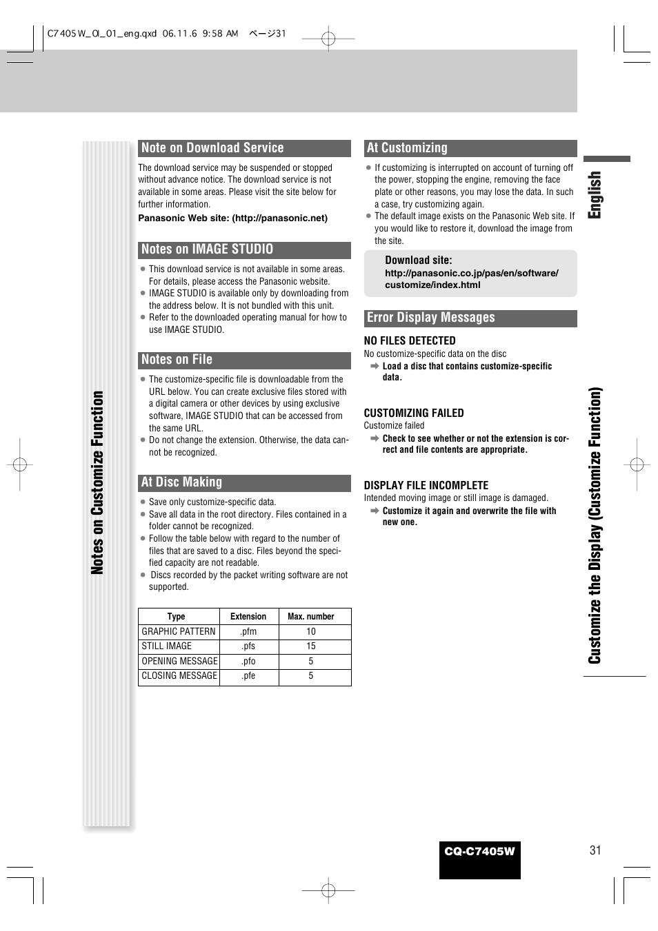 English, Customize the display (customize function), At disc making | At customizing, Error display messages | Panasonic CQ-C7405W User Manual | Page 31 / 62